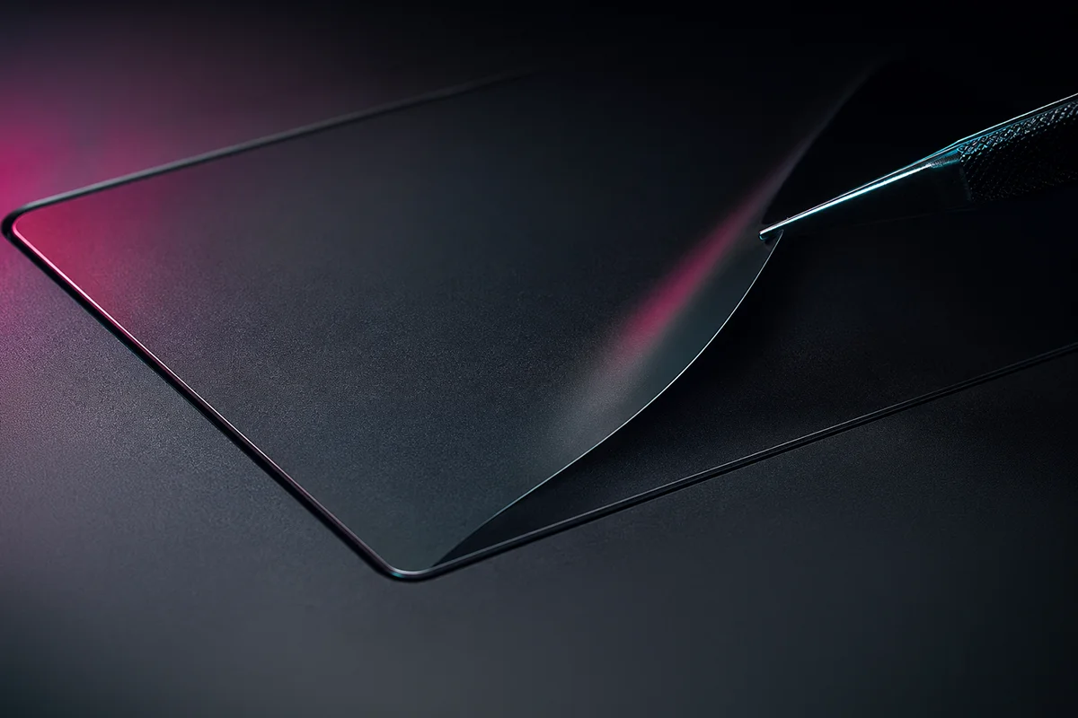 Macro shot: Noviply laptop touchpad sticker on a business laptop