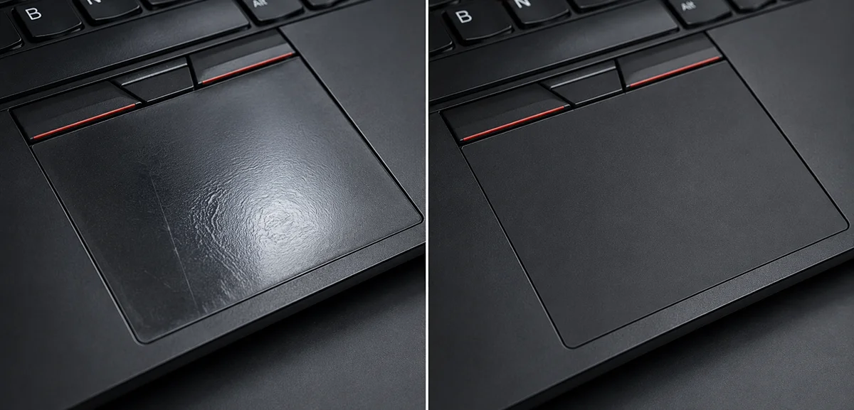 Touchpad sticker before and after: worn touchpad and like-new look once applied